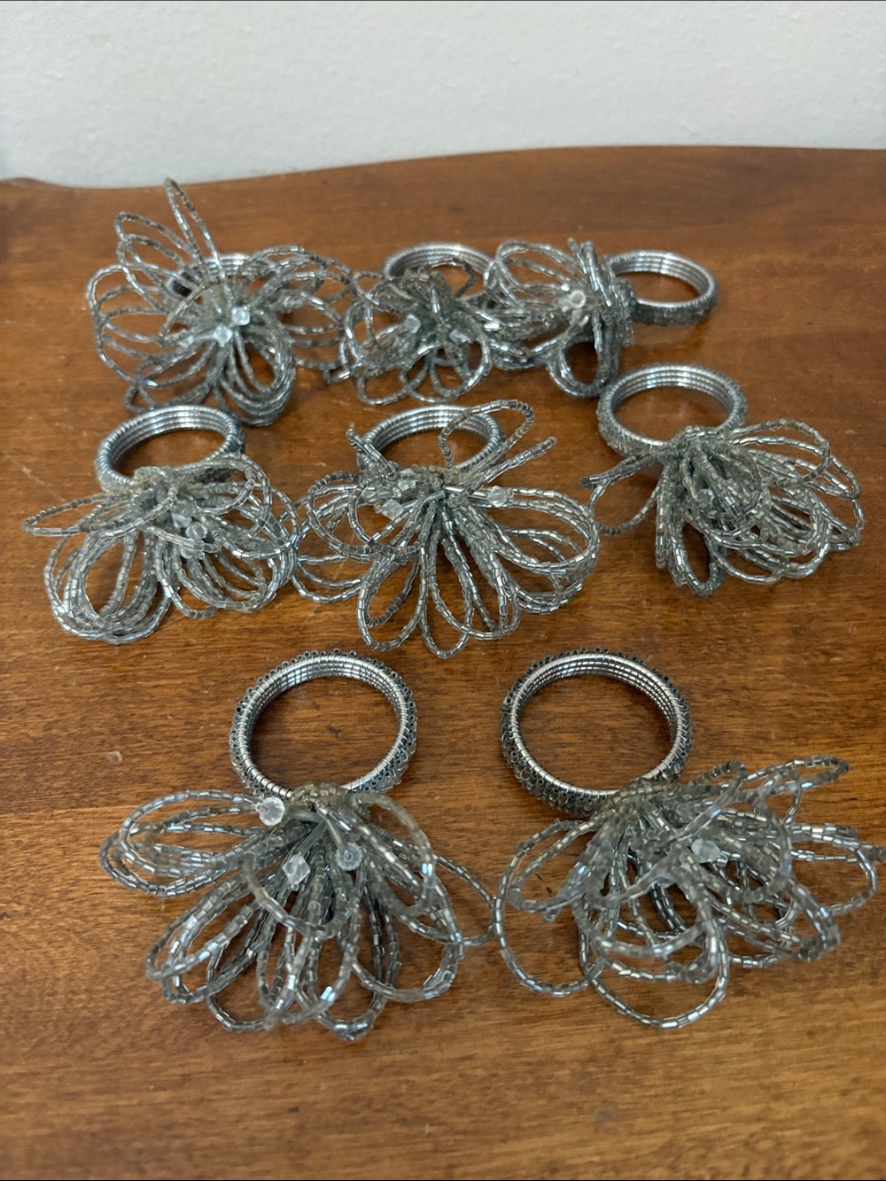 Silver Beaded Flower Napkin Rings - Set of 8